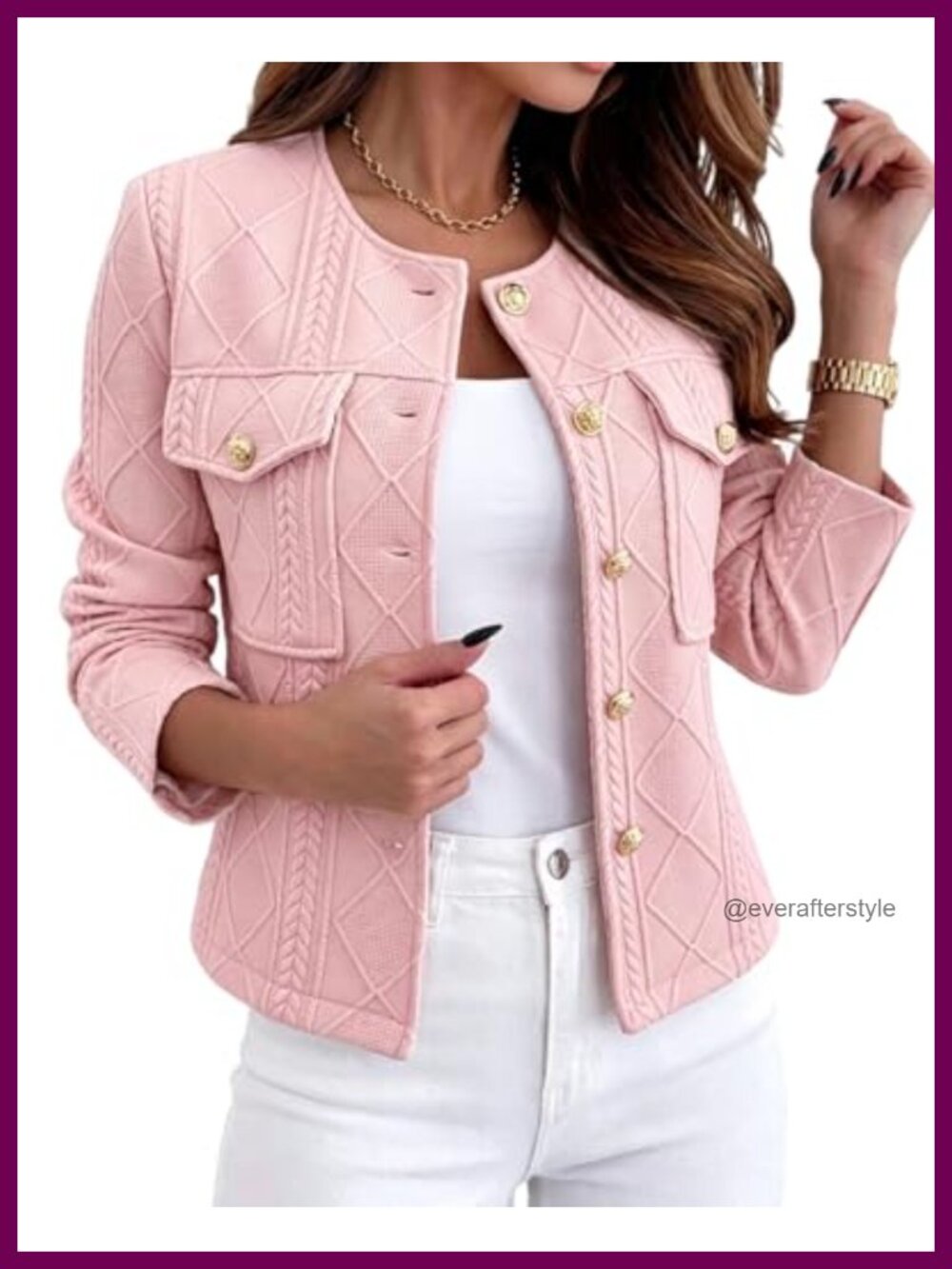 Womens Cropped Jacket Lightweight Argyle Cable Knit Coat Gold-Tone Buttons